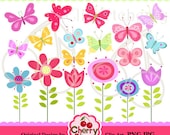 Pretty Butterflies and Flowers Digital Clipart Set for-Personal and Commercial Use-Card Design, Scrapbooking, and Web Design