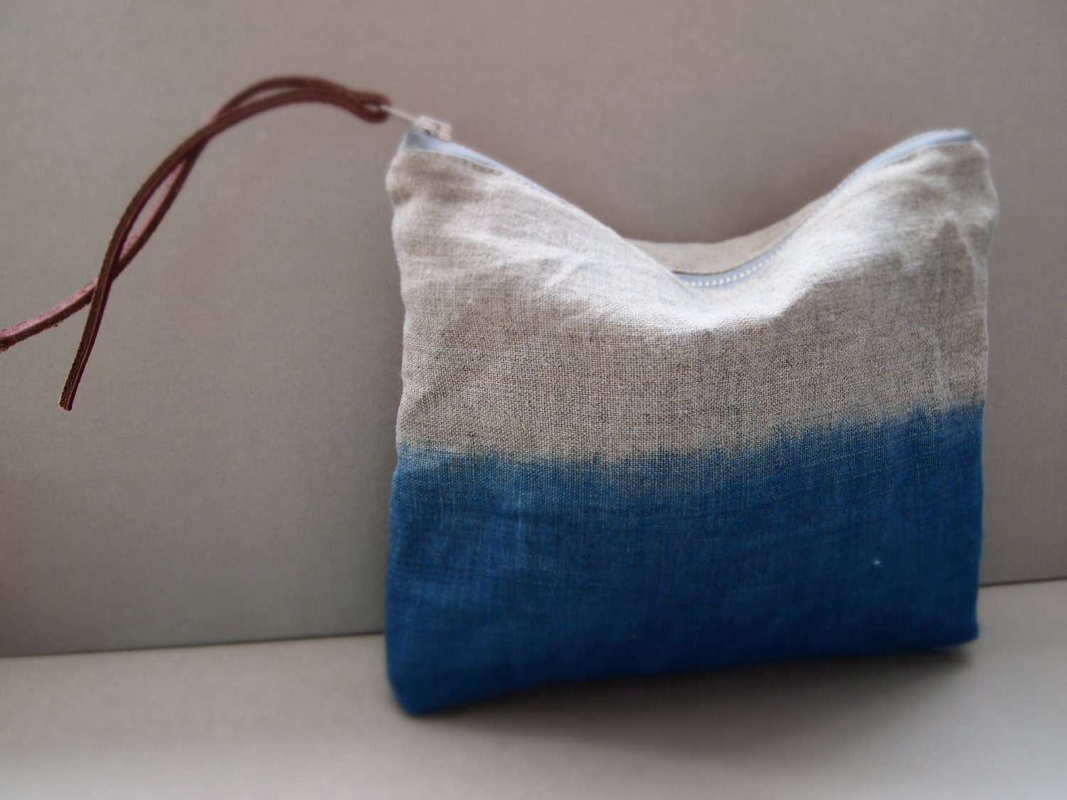 Ombre Pouch Indigo -  Large Indigo Blue Linen Purse Dip Dye Make up Bag with Leather Zip Pull
