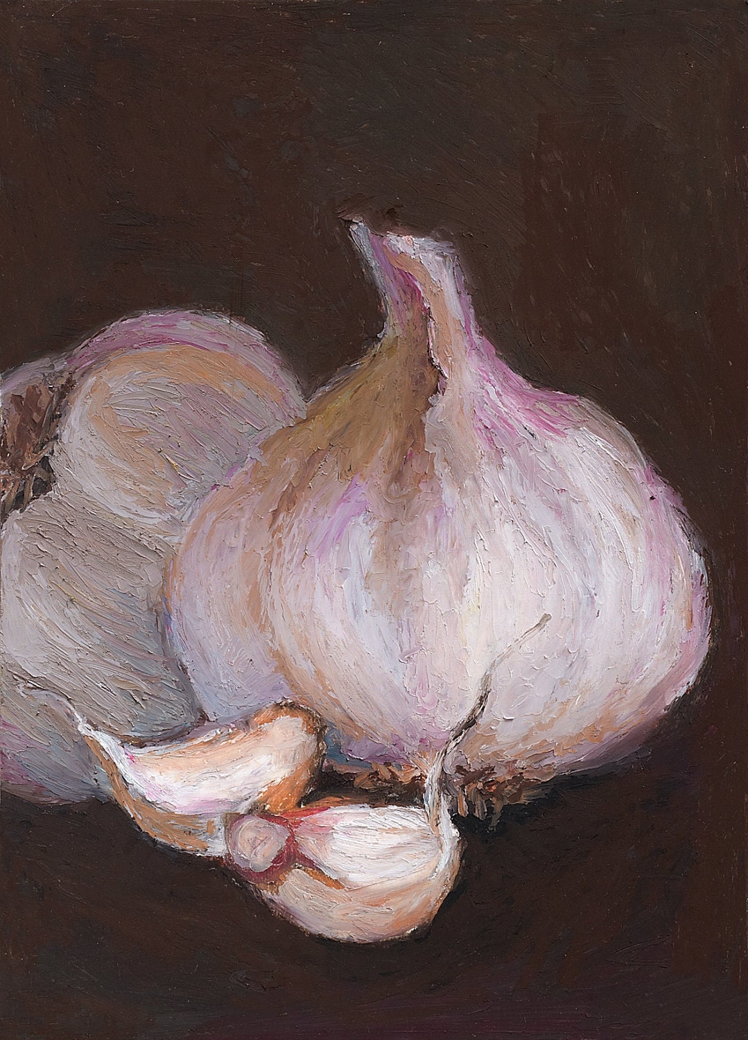 Barnabas Beware---A Giclee, Archival, Matted Print of an Original Oil Pastel Painting of Garlic and Garlic Cloves on a Dark Brown Background