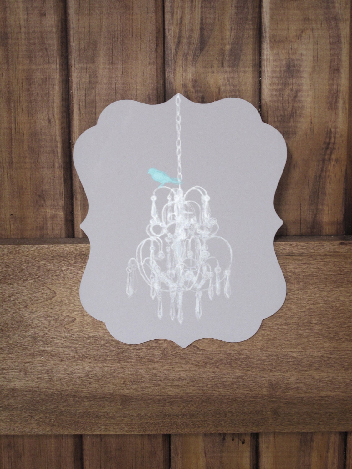 PRETTY classy BIRD-An Illustration of a teal bird perched upon a white chandelier Infused onto a damask-patterned High Gloss Metal plate