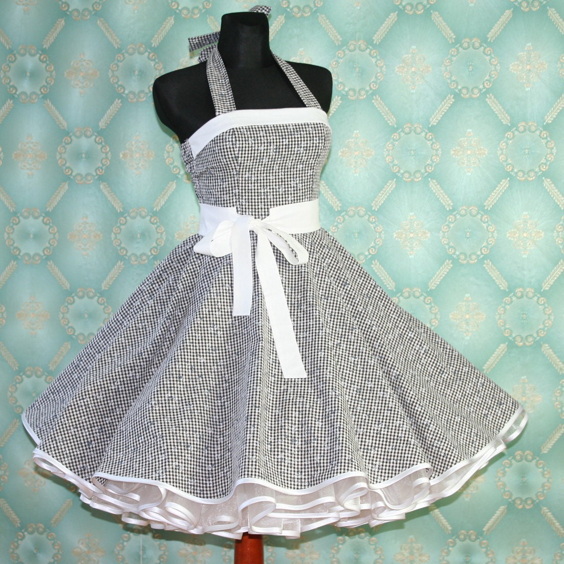 50's vintage dress full skirt flower checkered black white Tailor Made after your measurements