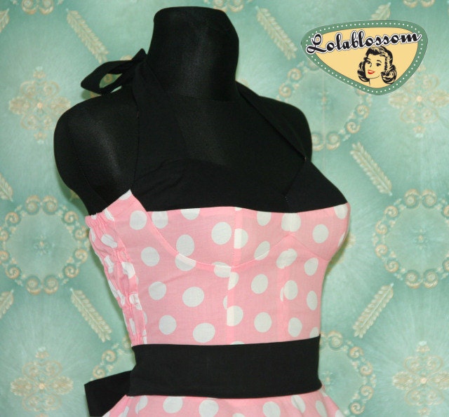 50's vintage dress full skirt Polka Dots light pink white black Hot Pin Up cut Tailor Made