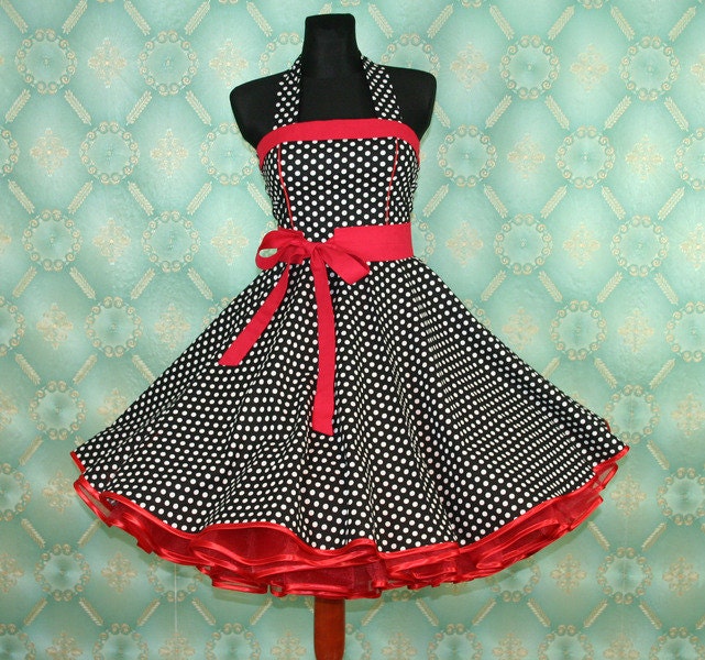 50's vintage dress full skirt black white red polka dots Retro Dress Tailor Made