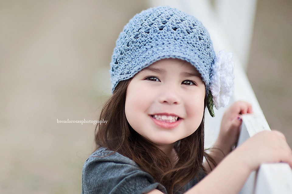 Girls Crochet Newsboy - Newsgirl - Blue (Stonewash) and White - Cotton Hat with Flower