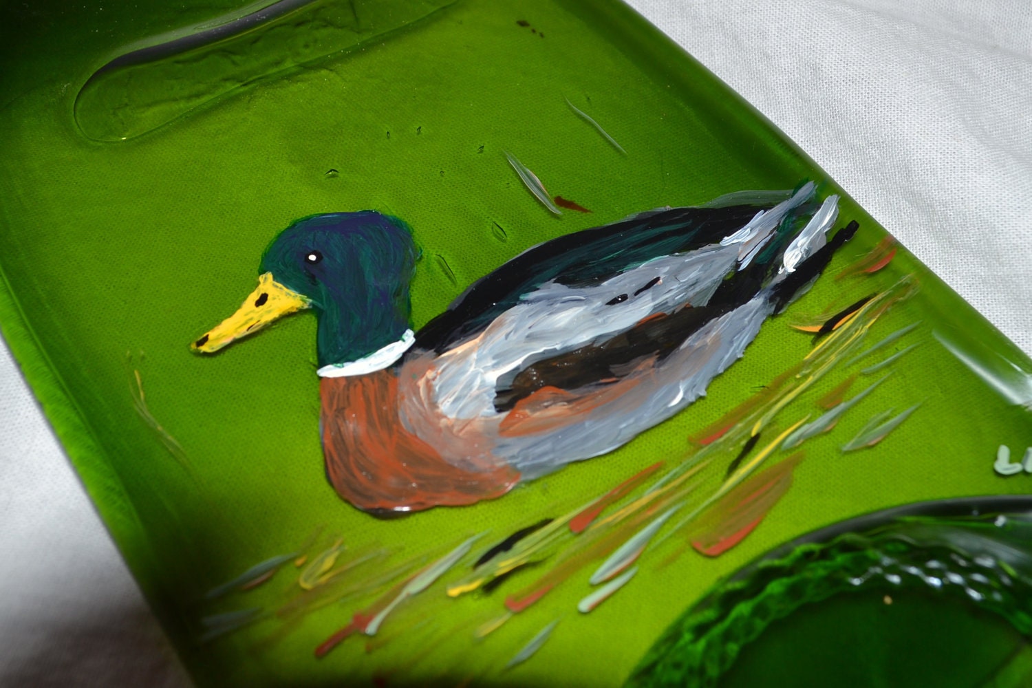 Hand Painted Duck Green Glass Wine Bottle Tray/Platter