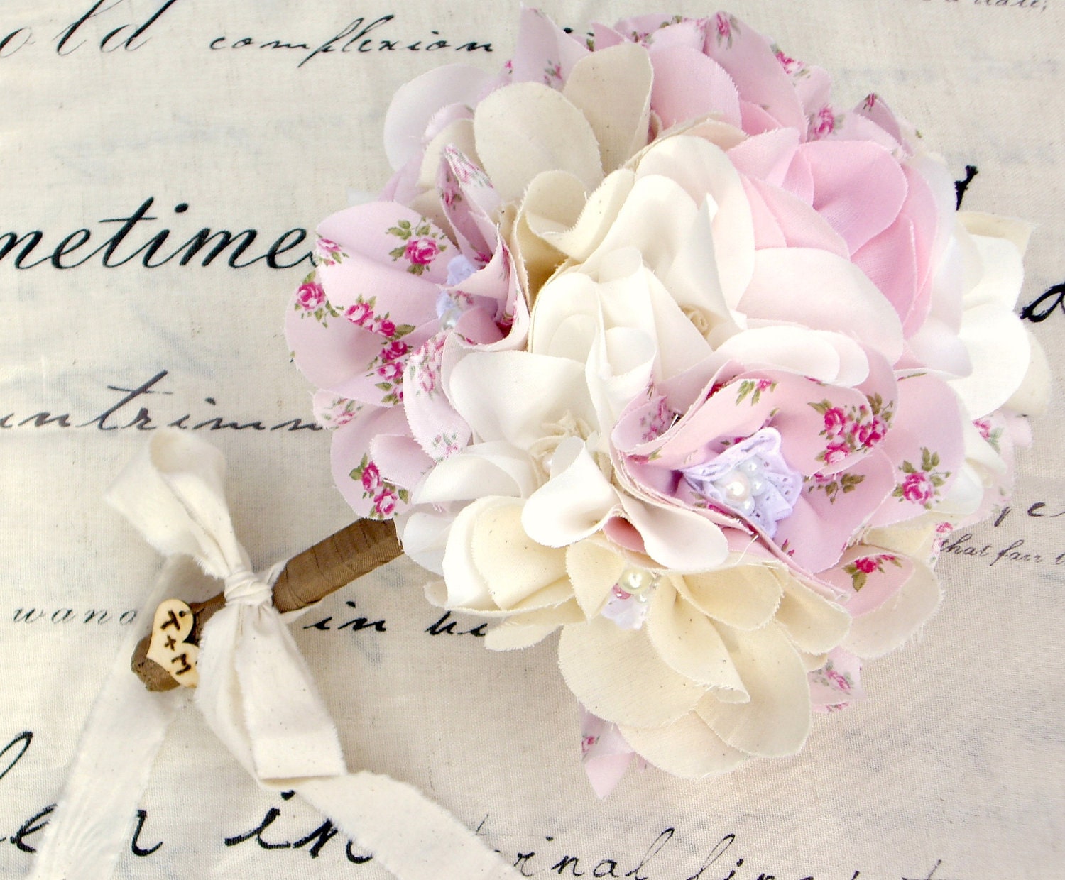 Bridal bouquet, Weddings, Shabby chic, Fabric flowers, Pink cotton magnolias, Bride