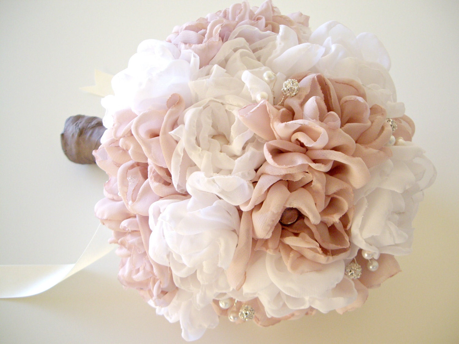 Fabric bridal bouquet, Vintage inspired weddings, Handmade fabric flower bouquet, Chiffon peonies, Rhinestone bouquet