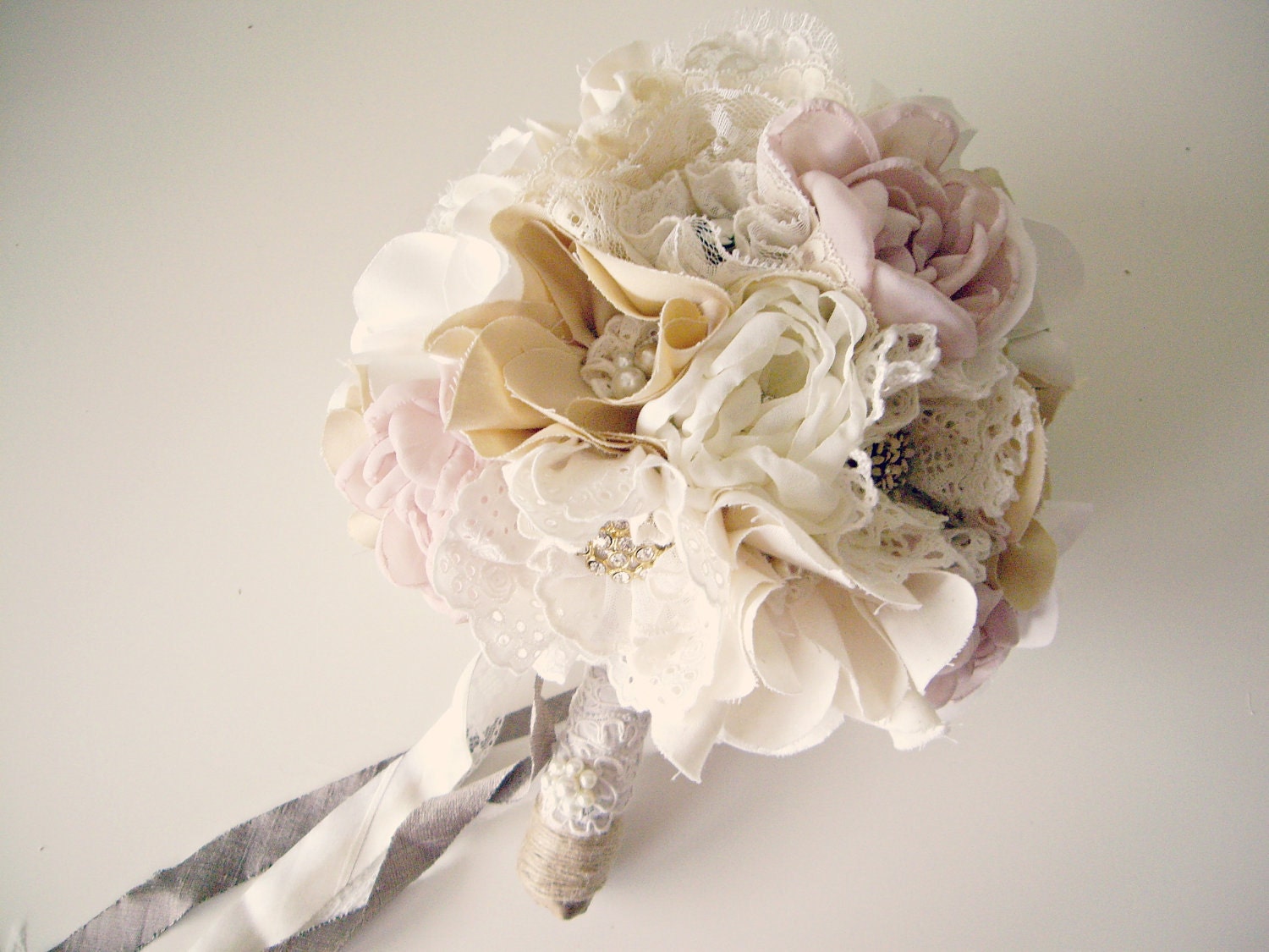 Fabric Flower Bouquet with Vintage Rhinestone Brooches and Lace - Alternative wedding bouquet - Rustic chic weddings