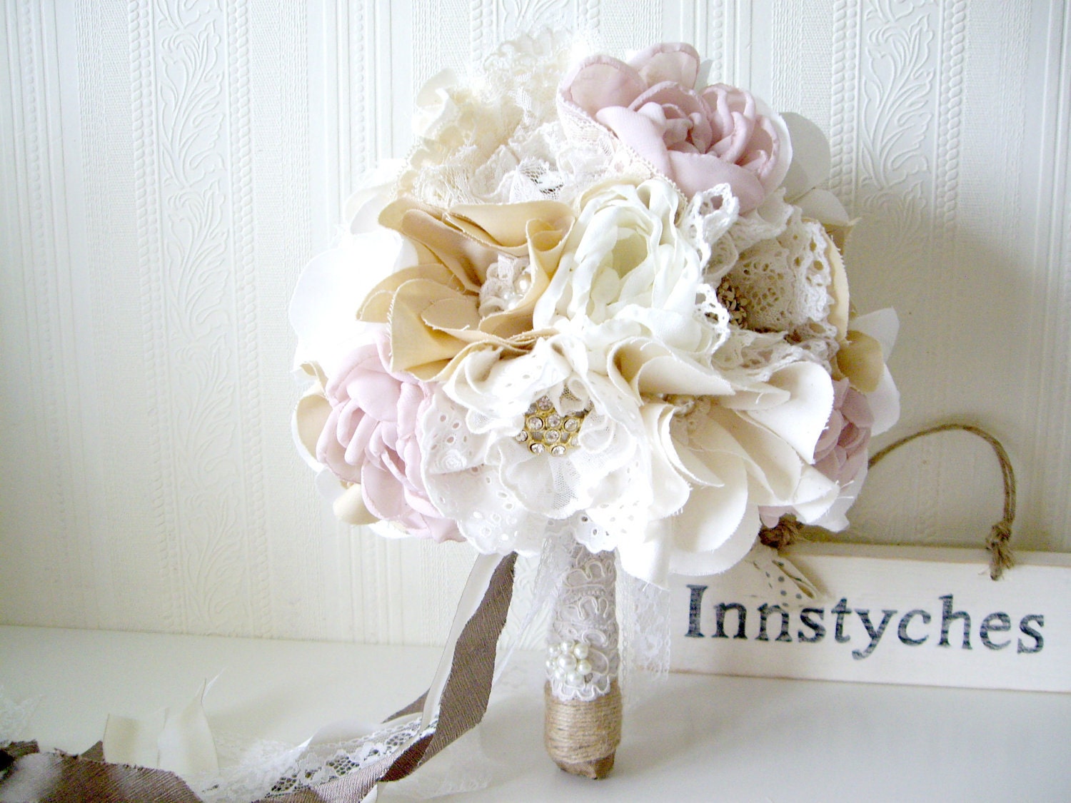 Fabric Flower Bouquet with Vintage Rhinestone Brooches and Lace - Alternative wedding bouquet - Rustic chic weddings