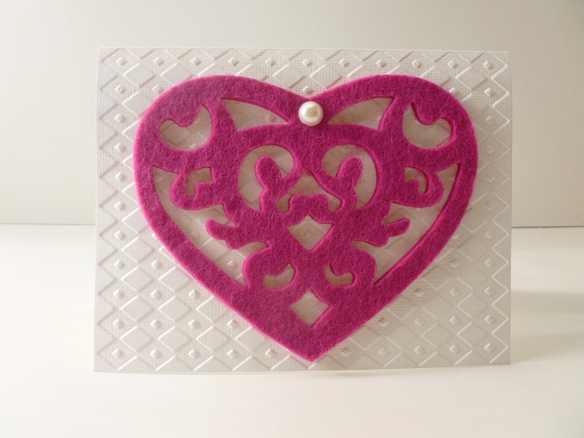 Handmade White Embossed Purple Felt Heart Valentine's Day Card - Ready to ship