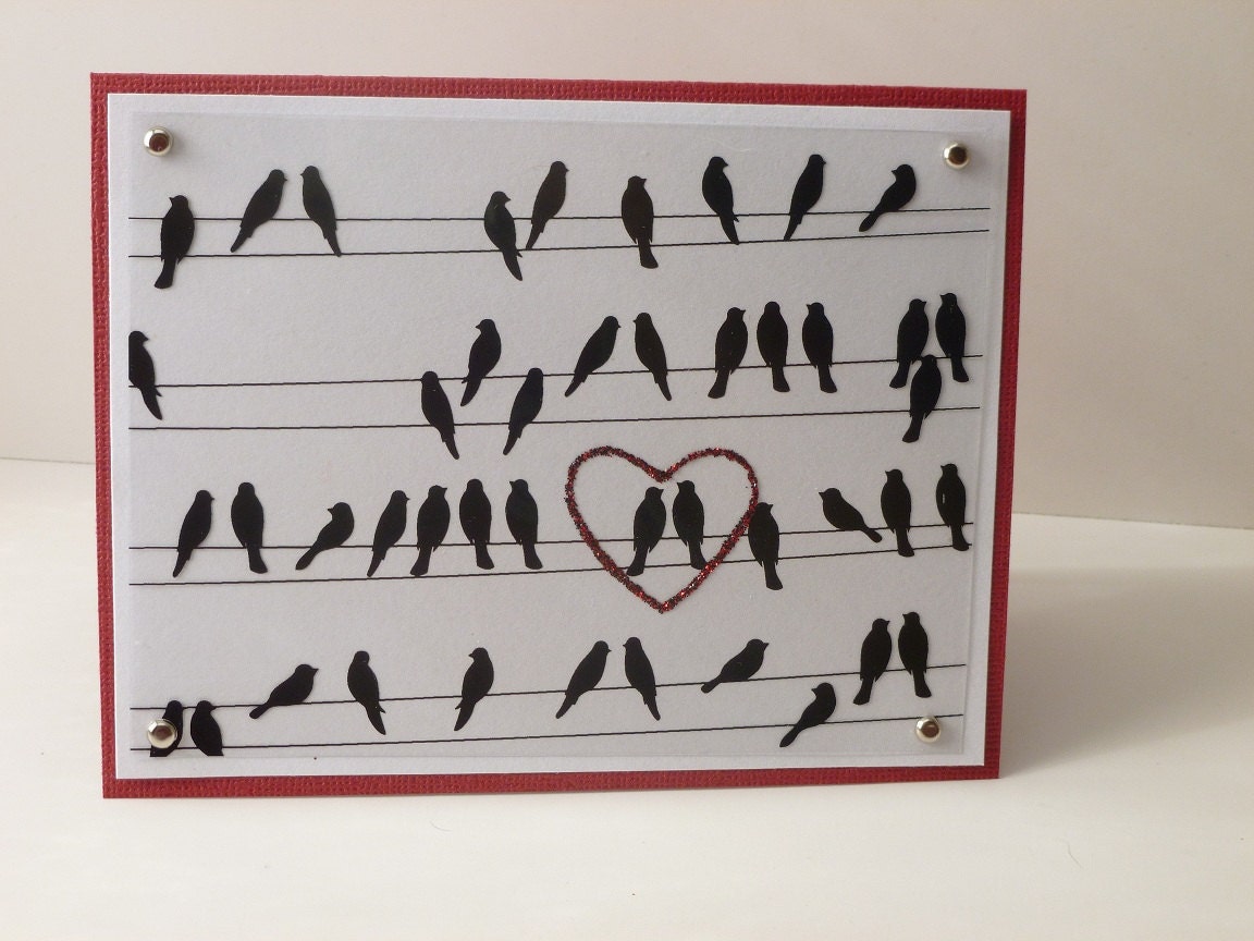 Handmade Valentine's Day Card, Love Birds, Pink, Red, Cotton Candy, Kraft Colored - Ready to ship