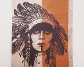 Native American Print - A3 Headdress Illustration, Orange Warpaint, 16.5" x 11.7" Art Print