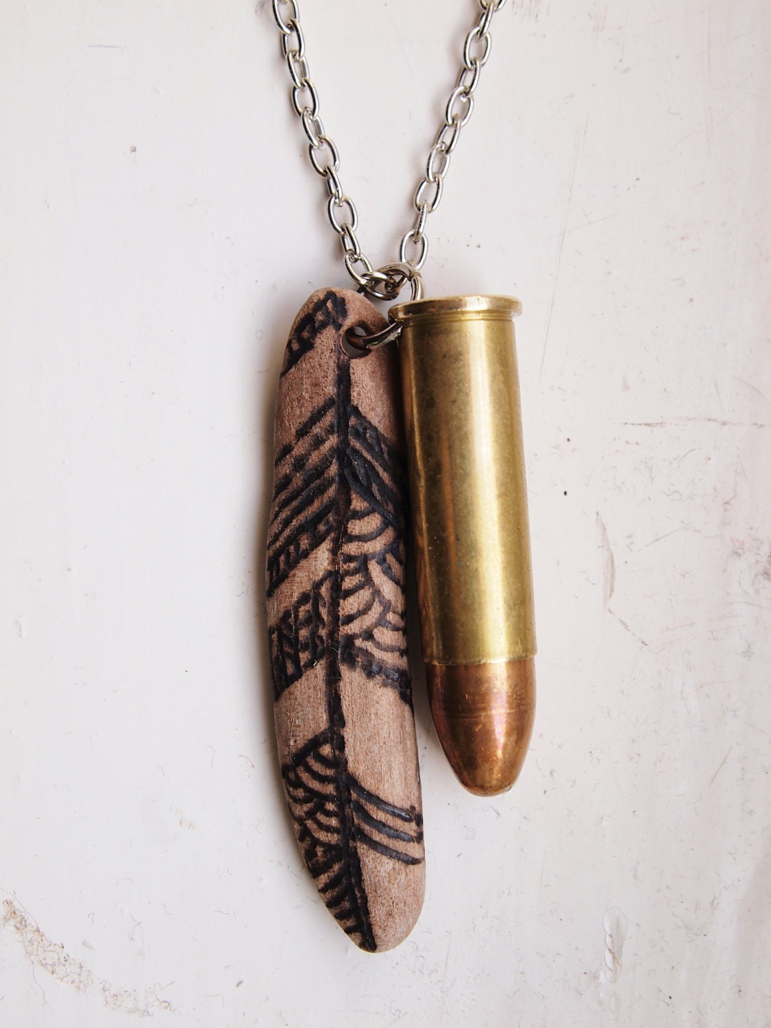 Feather Bullet Necklace, driftwood pyrography - long length silver chain