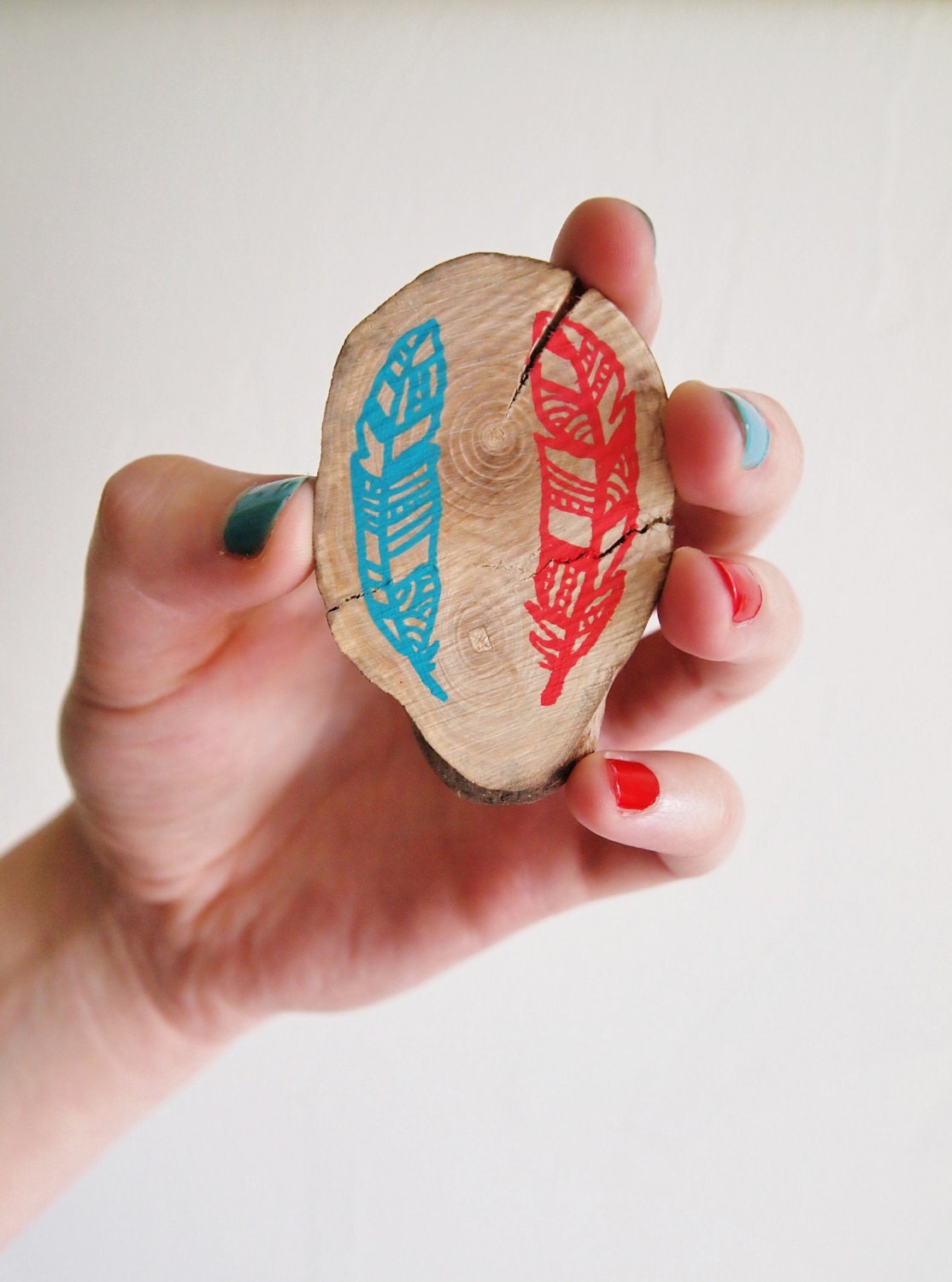 Feather Brooch - Turquoise and Red, Hand Drawn