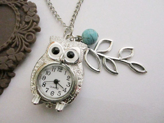 pocket watch--antique silver owl pocket watch and branch,owl necklace alloy chain necklace