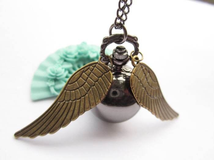 pocket watch---Golden Snitch&BLACK-GUN ball Harry Potter series pocket watch with antique bronze wings,alloy chain necklace