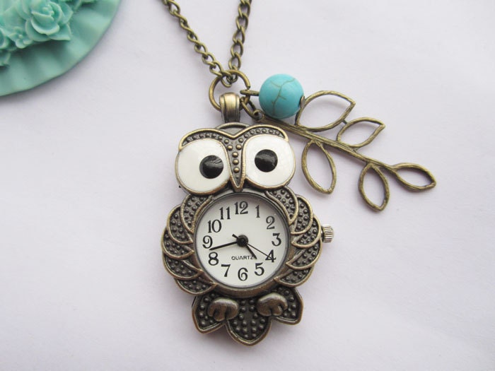 pocket watch--antique bronze owl pocket watch and branch with blue turquoise,alloy chain necklace