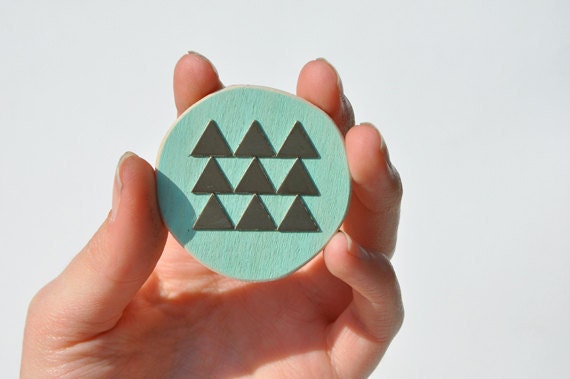 turquoise wood & brass triangle circle brooch