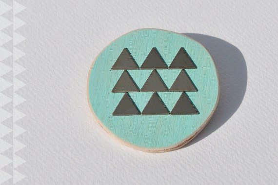 turquoise wood & brass triangle circle brooch