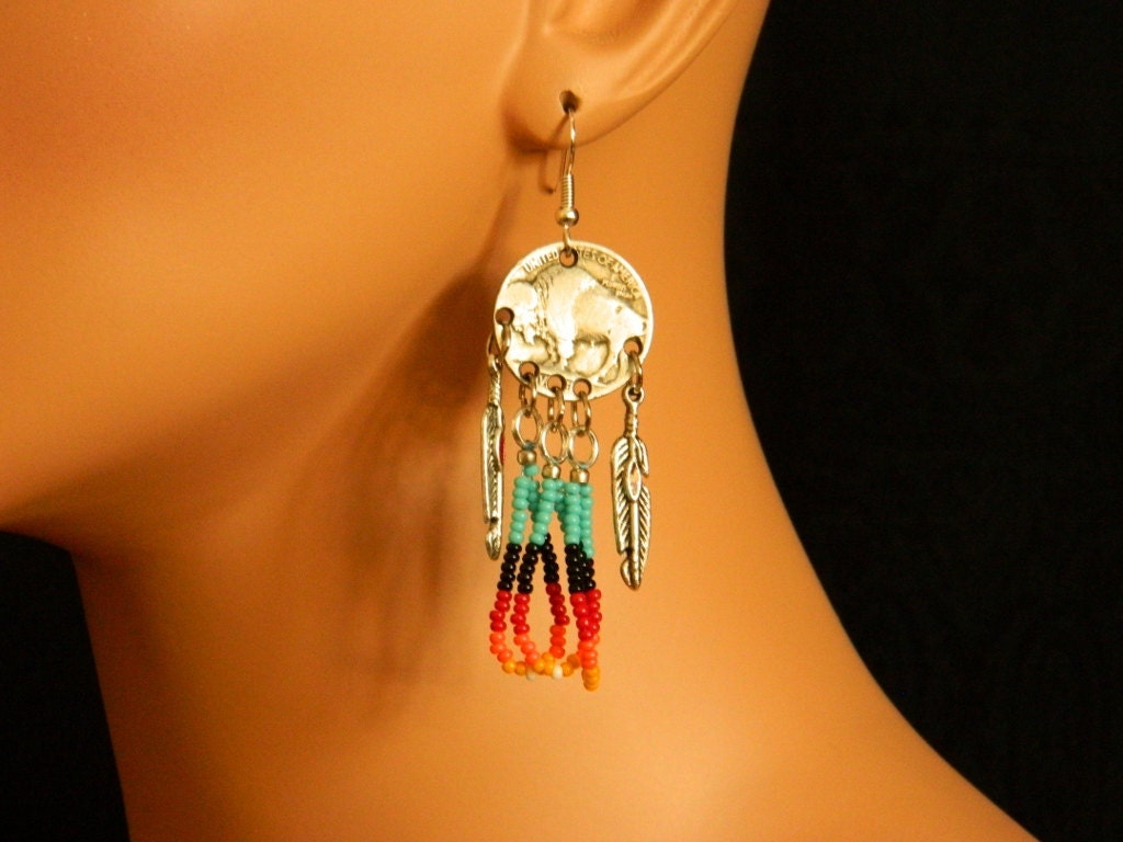 NEW Native American Buffalo Nickel with Red Feather Beaded Earrings