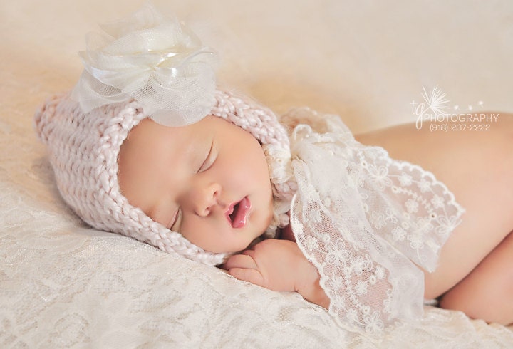 Vintage lace with Adorn Cream Flower- Knit Bonnet- Cream- Pink- Blush- Newborn- Designer Hat- Baby Girl