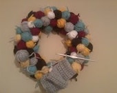 Wreath Covered With Balls of Yarn,Handmade Crochet,Crochet Hook Attached,Decorative Wreath,Home Decor