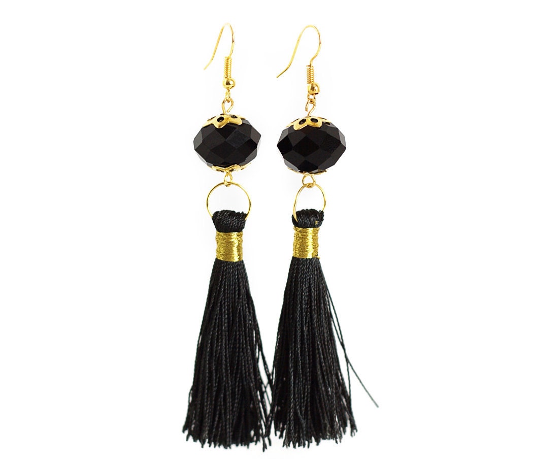 Original long black and gold earrings with tassels. Party Fashion evening jewelry Sale Christmas in july CIJ. oht rusteam ukrteam - ArsiArt