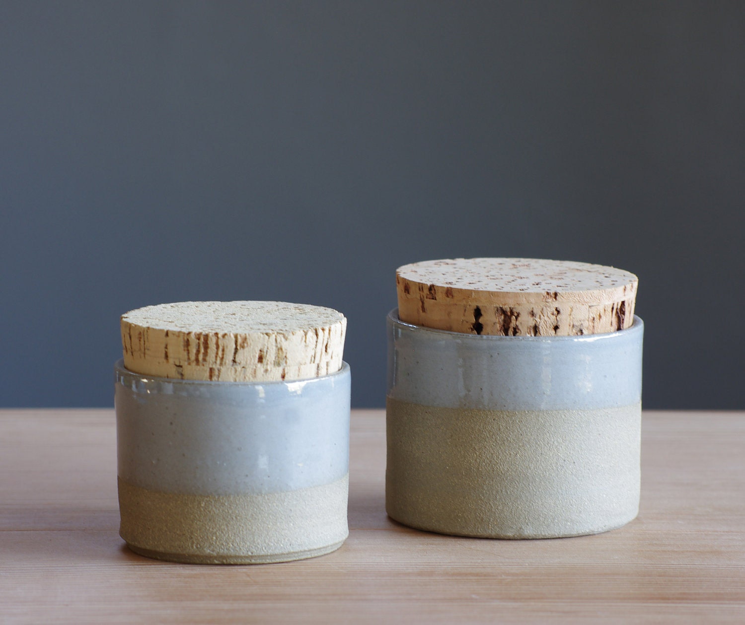 MTO two corked jars . small and extra small corked organizer . sand and grey stoneware pottery canister