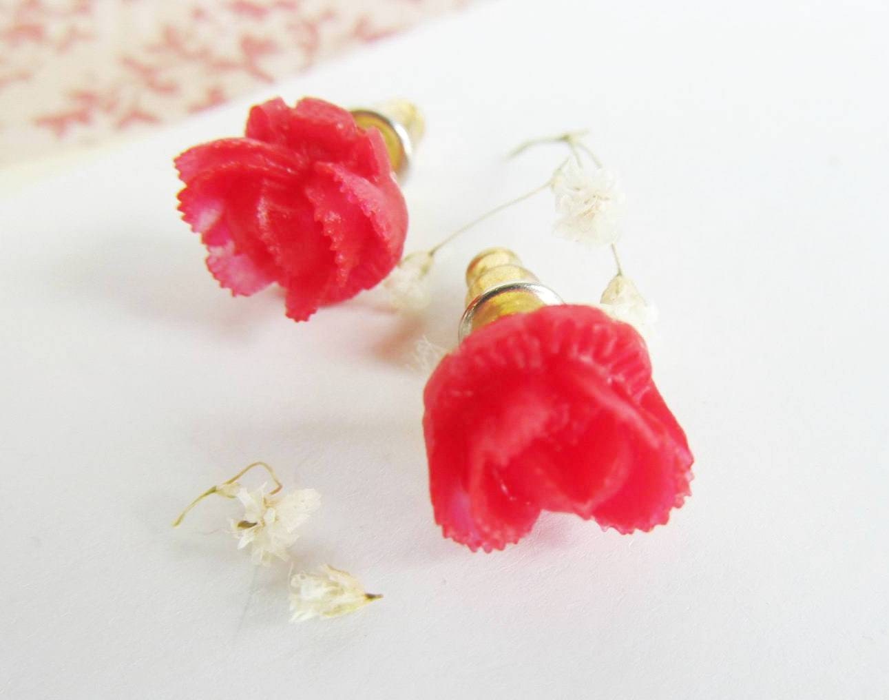 Flower Earring Post -Red   Cabbage Rose Post earrings-Sweet 16 gift - great gift for Christmas-