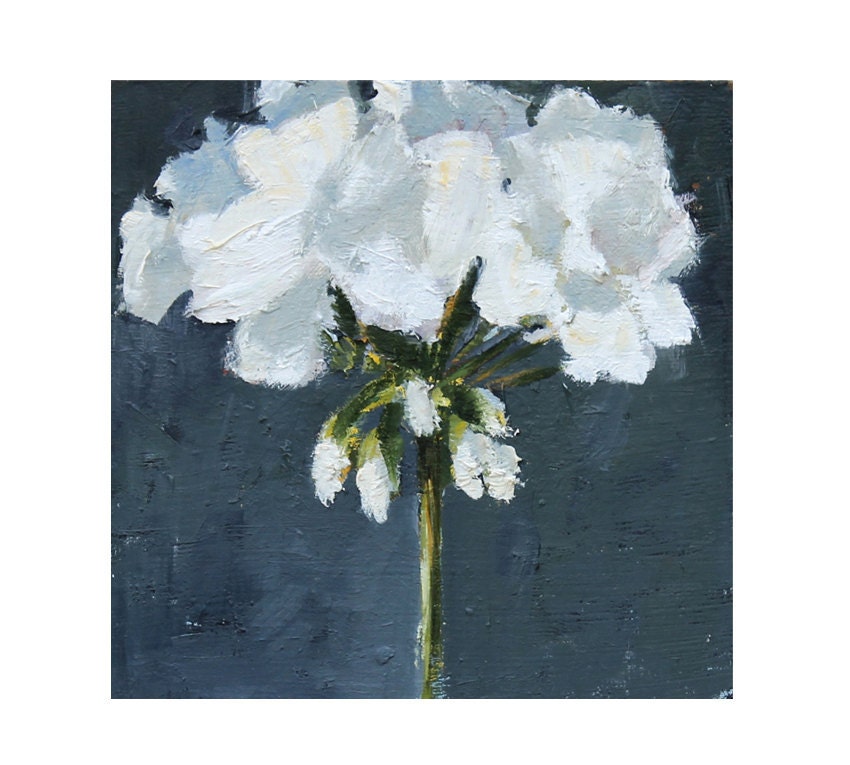 Oil Flower Painting White Geranium Flower Still Life Painting on wood panel 8x8 Black and White wall decor