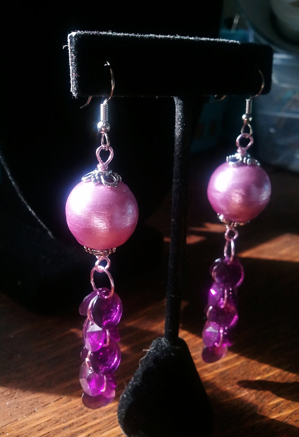 Chandelier Earrings, Pink vintage cloth and purple faceted vintage upcycled earrings, dangle earrings.