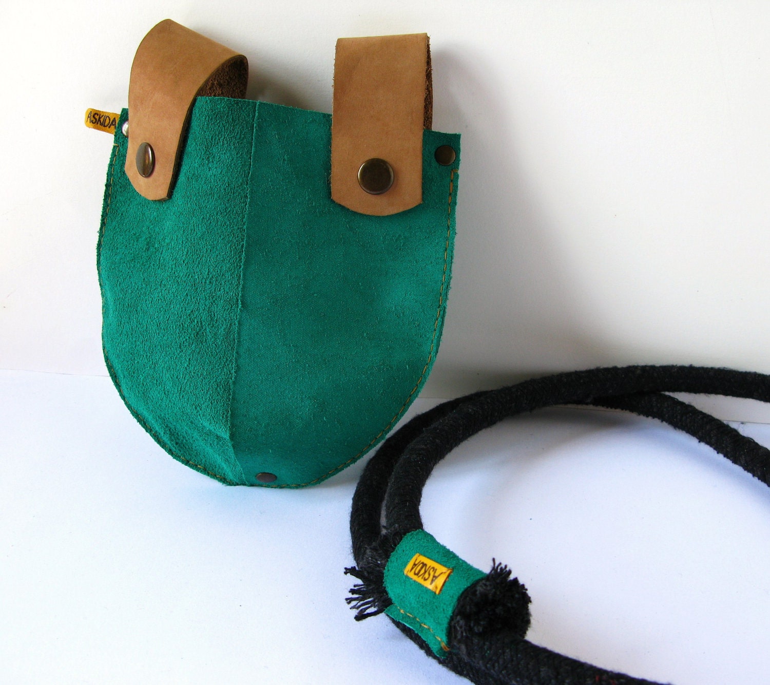 Hip bag, Crossbody-Shoulder Bag Purse in Green Suede Leather with Detachable Black Cotton Rope Strap, OOAK
