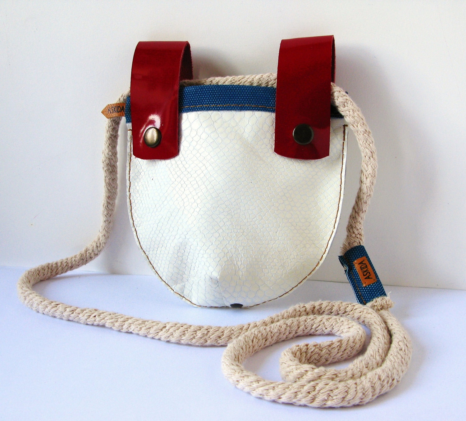 Hip bag Crossbody Shoulder Bag Purse White Snakeskin Embossed Leather & Red Patent Leather Straps with Detachable Cotton Rope Strap OOAK