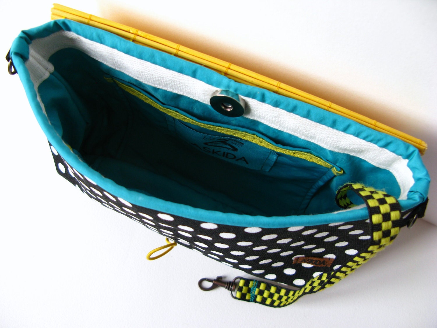 Black White Polka Dot Cross Body / Shoulder Bag or Zipper Pouch Purse with Adjustable & Detachable Black Faux Suede Strap,Yellow Bamboo Flap