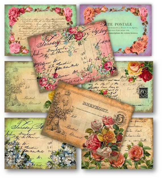Vintage Roses Postcards - Digital Collage Sheet Download - Set 158