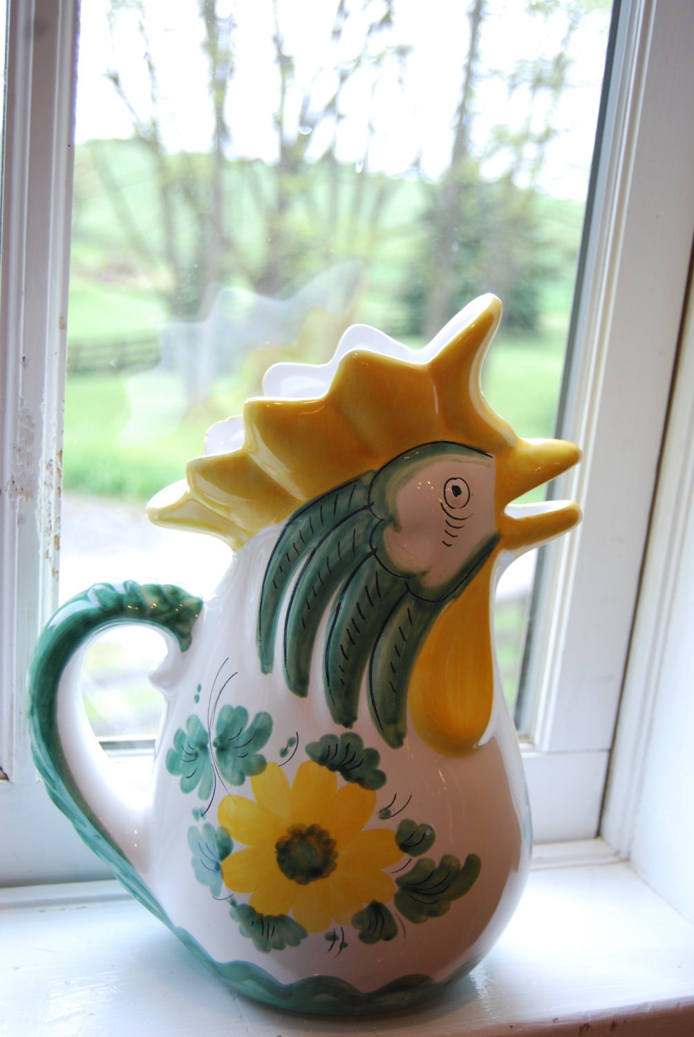 Vintage Italian Green and Yellow Parrot Vase or Pitcher Marked