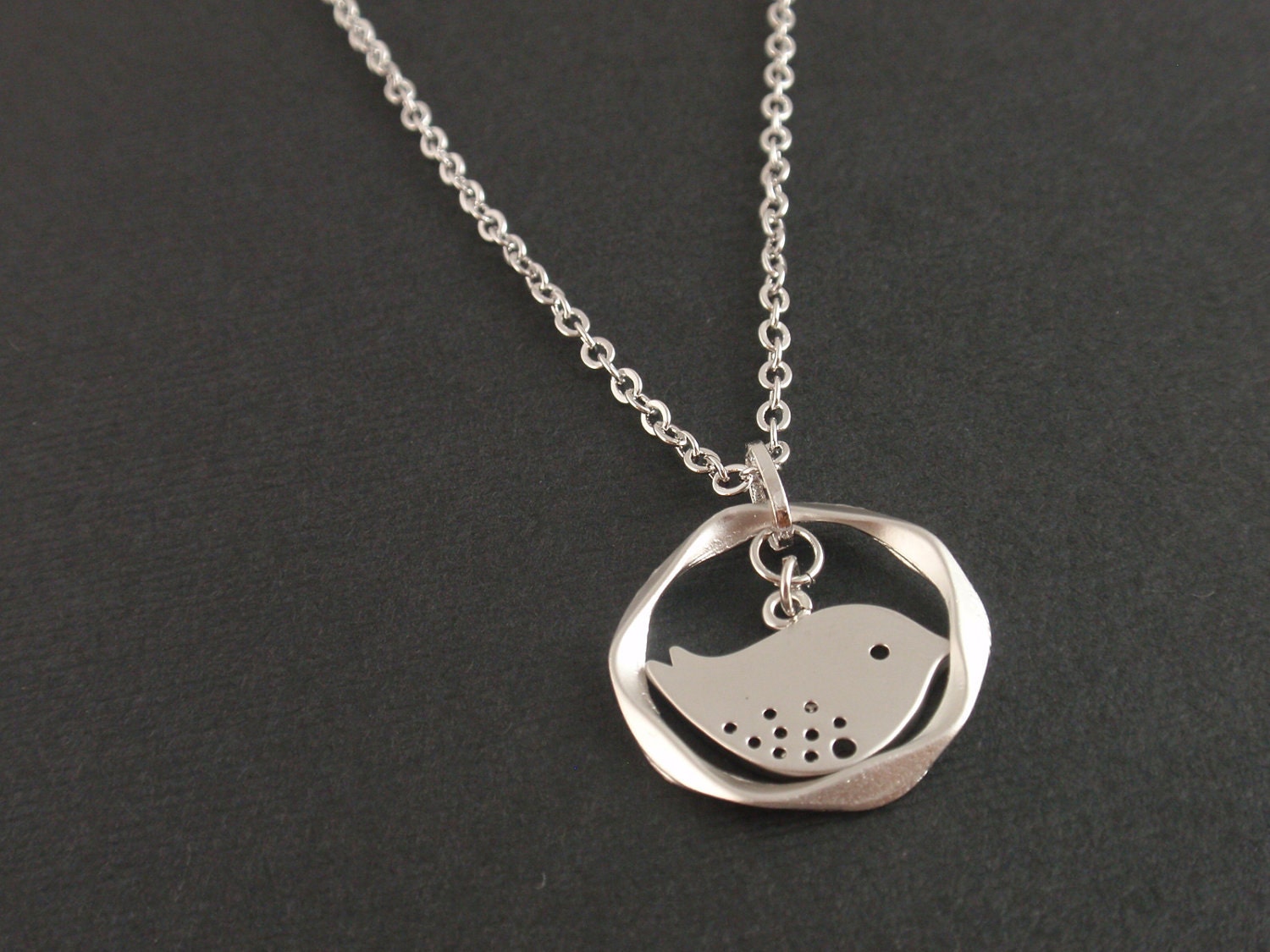 Bird Necklace with Ring in Sterling Silver Necklace-simple everyday jewelry- Wife, Girlfriend, Mothers Birthday Gift Idea