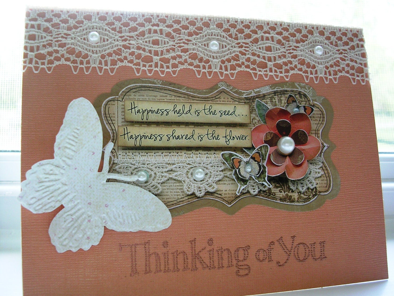 Thinking of You Handmade Peach and Lace Card