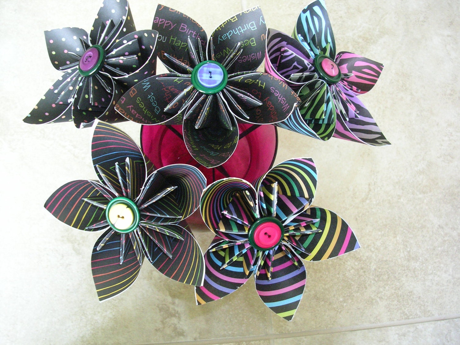 Origami Kusudama Paper Flowers - Happy Birthday Black with Brights Patterns Set of 5      P05006