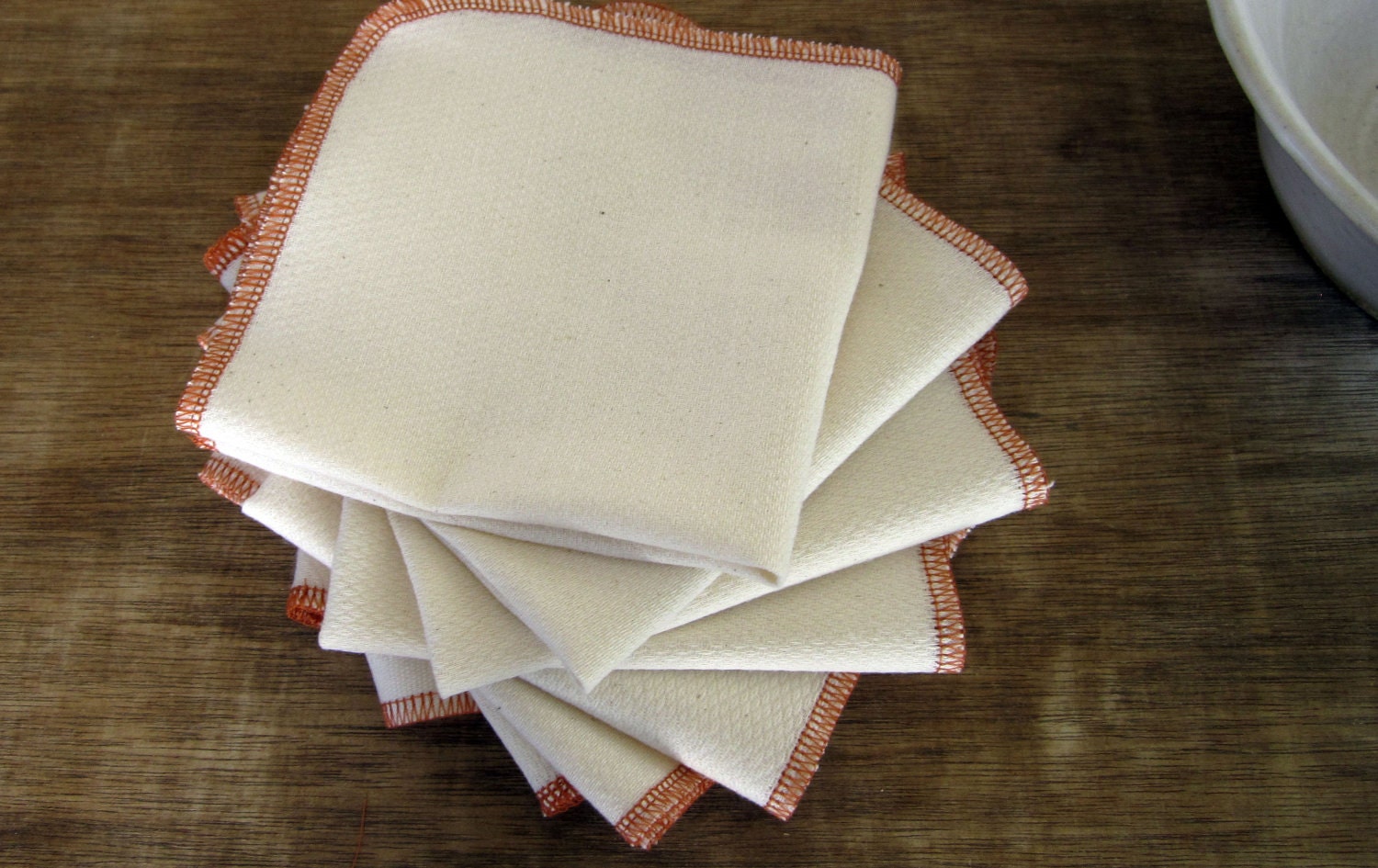 Organic Reusable Un paper Eco Friendly Towels with Orange Edgtes-- Organic Birdseye Unbleached Cotton  -- Set of 24