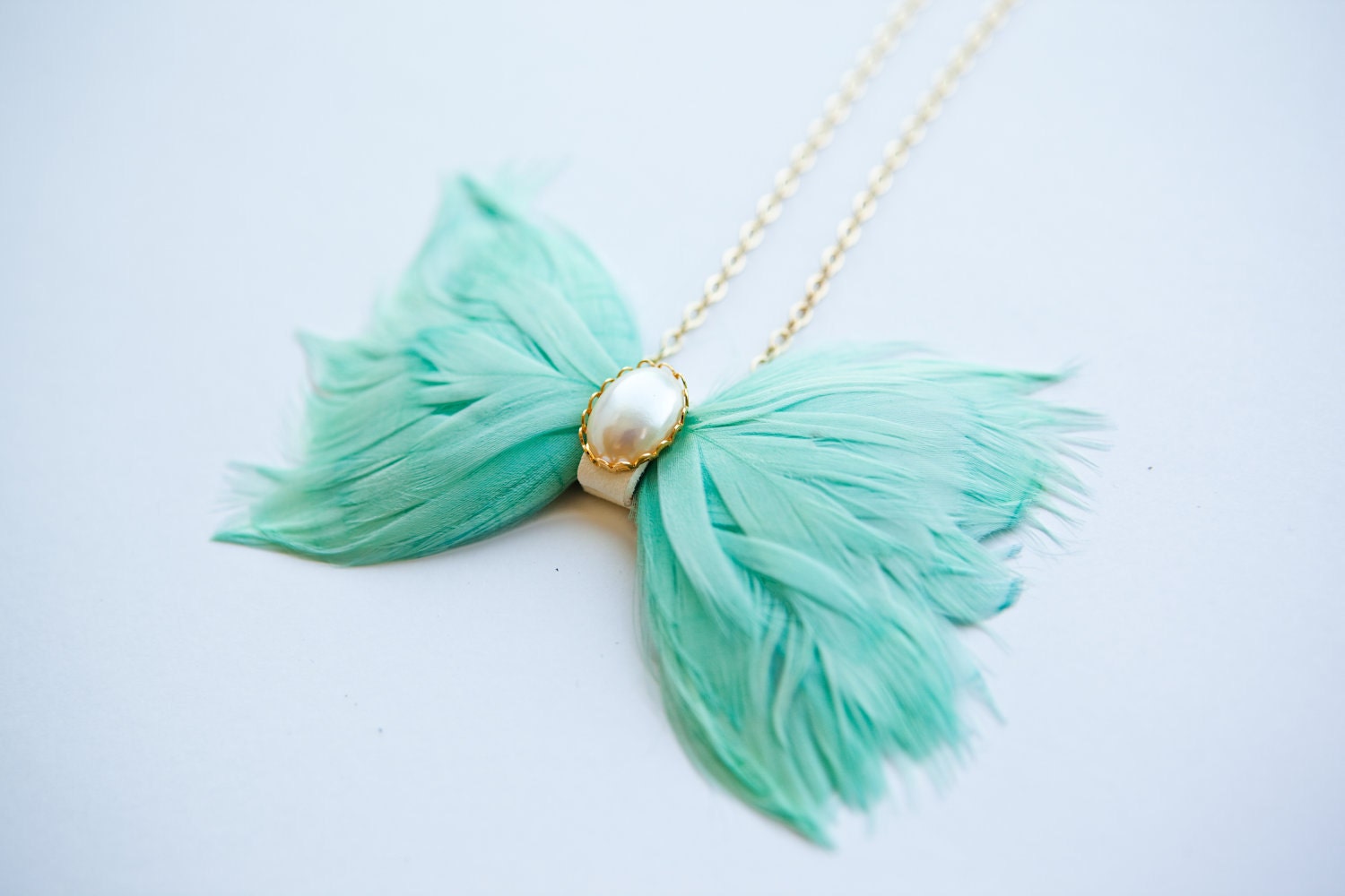 Mint Light Teal Feather Bow Tie Necklace w/ Upcycled Leather and Vintage Cabochon