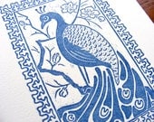 Blue Peacock Art Nouveau Japonism Wood Engraving - Original, Handcarved & Printed, Limited Edition