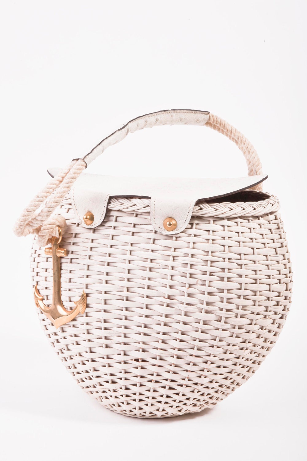 VINTAGE Tano Cream Wicker Leather Gold Anchor Spring/Summer Picnic Basket Bag