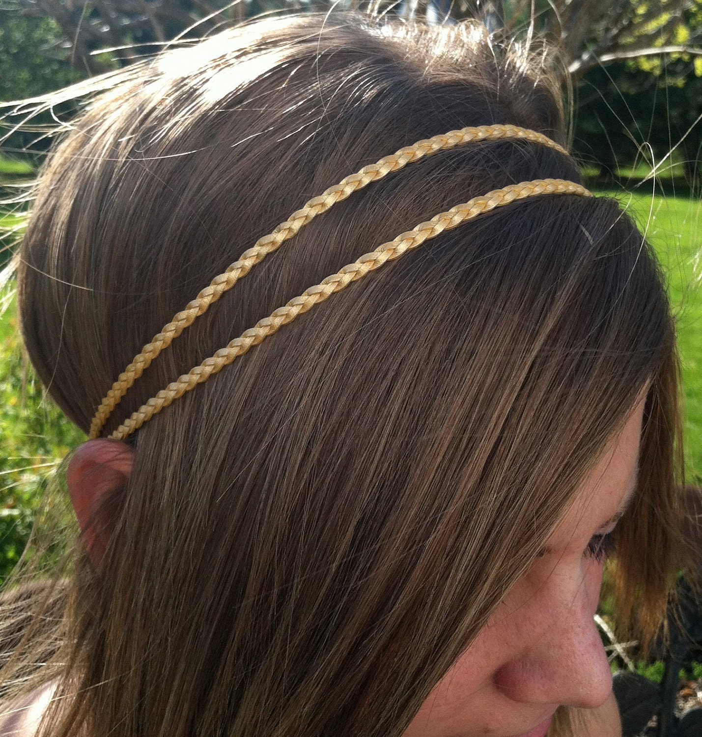 Double strand braided headband - Leather- Metallic Yellow Gold