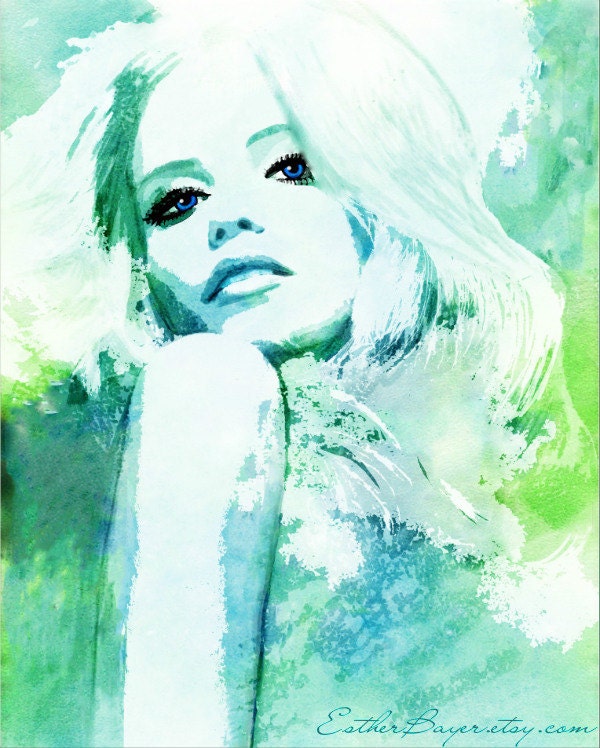 Aqua Blue Hues- Watercolor Fashion Illustration Ocean Waves Print