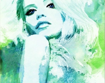 Aqua Blue Hues- Watercolor Fashion Illustration Ocean Waves Print