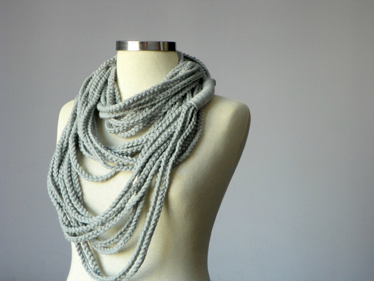 Crochet chain scarf, Crochet necklace, Grey wool yarn- handmade neckwarmer autumn - winter women accessories, fall - winter fashion