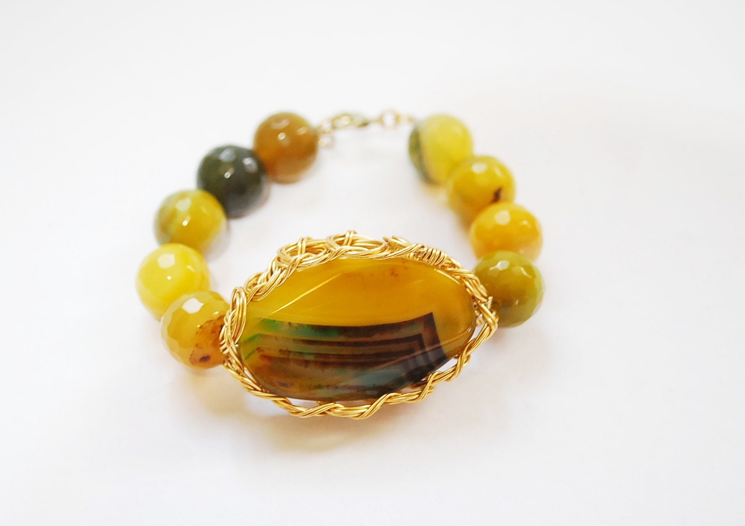 Yellow Agate gemstone wire wrapped bracelet - semi precious stones - fall trend - moonstonejewels