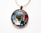 Paris Eiffel Tower, Summer Roses, Pastel Blue, Beautiful French Woman, Real Glass Circle Vintage like Photo Pendant