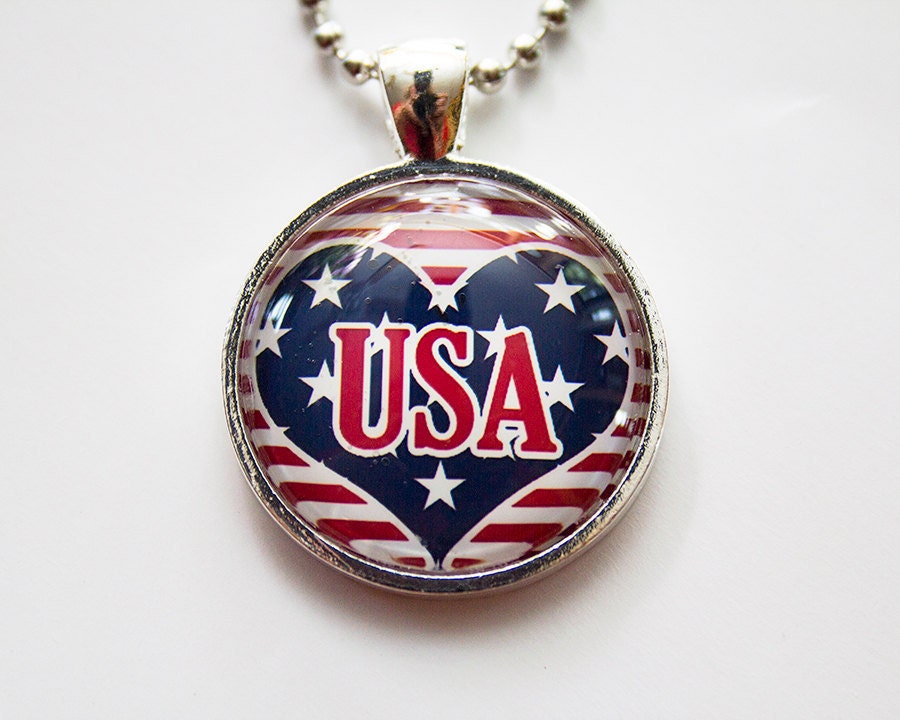 America pendant American Flag USA Heart red white and blue stars and stipes Real Glass Photo Pendant - In Stock